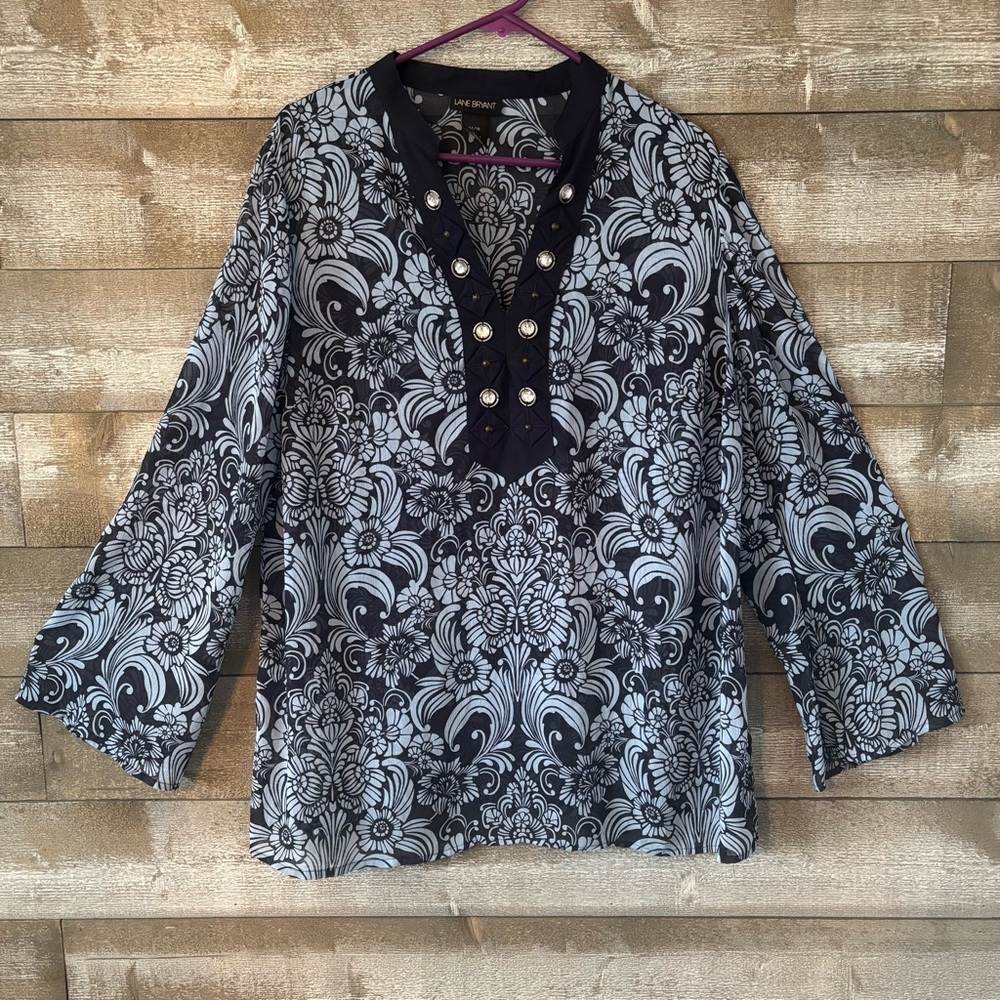 Lane Bryant Blue and White Floral V-Neck Tunic with Decorative Buttons